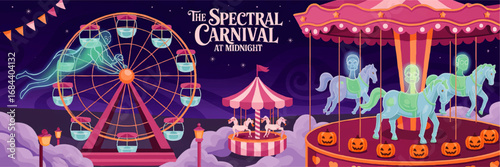 Spooky Midnight Carnival with Ghosts on Ferris Wheel and Haunted Carousel, Halloween Festival Night, Vector Illustration