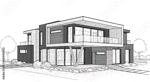 Clean-lined architectural sketch of a contemporary two-story home with mixed materials like wood paneling and stucco.