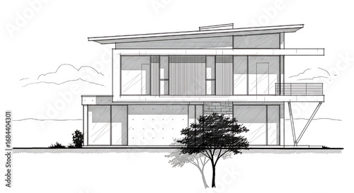 Minimalist architectural line drawing of a modern, single-story pavilion-style house with a flat roof and glass walls.