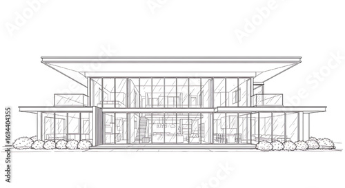 Front elevation architectural drawing of a modern house with a wide, open-concept design and extensive use of glass.
