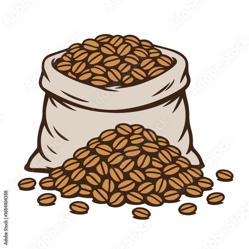 Vector artwork of coffee bean sack, beans spilling out naturally, created in clean style, great for café themes, product branding, and creative designs.