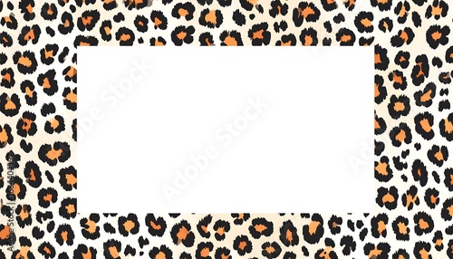 A rectangular frame of white space is set against a repeating leopard print pattern with cream, brown, and orange tones.