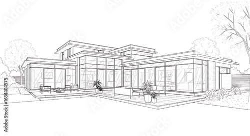 Wide perspective sketch of a modern, low-profile house seamlessly integrated into its surrounding minimalist landscape.