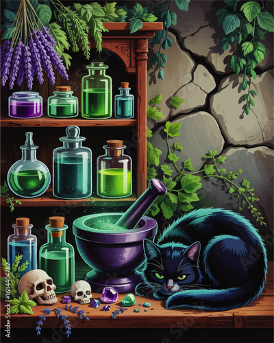 Enchanting Witch Apothecary Shelves With Bottled Potions, Black Cat, Mortar, Skulls, Crystals, and Lush Vines—Fantasy Illustration