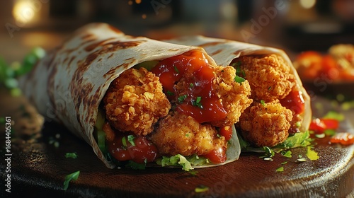 A delicious wrap filled with grilled chicken, vegetables, and herbs, served on a wooden plate.