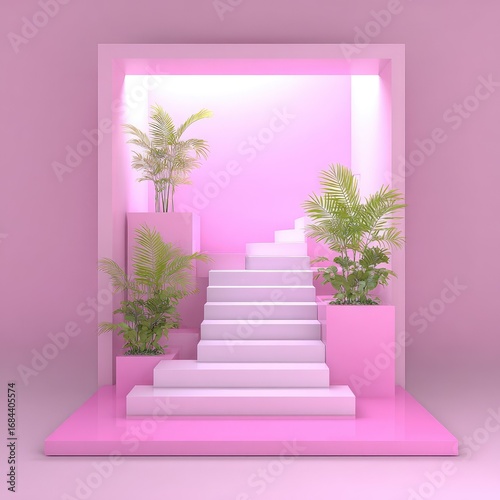 Pink minimal stair scene with plants
