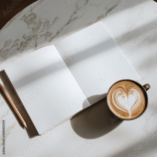 Open notebook, pencil, and latte art coffee on marble table