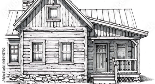 Charming sketch of a rustic wooden farmhouse or cabin with a classic front porch and traditional siding details.