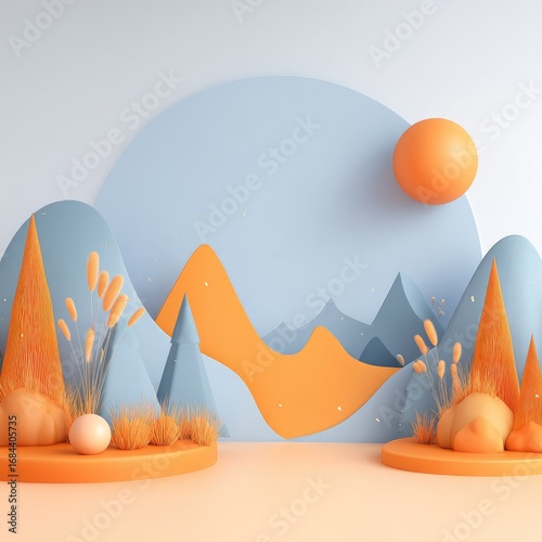 Stylized 3D landscape with pastel mountains, sun, and flora