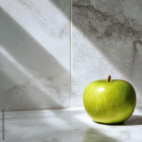 Green apple sits on marble surface, sunlit