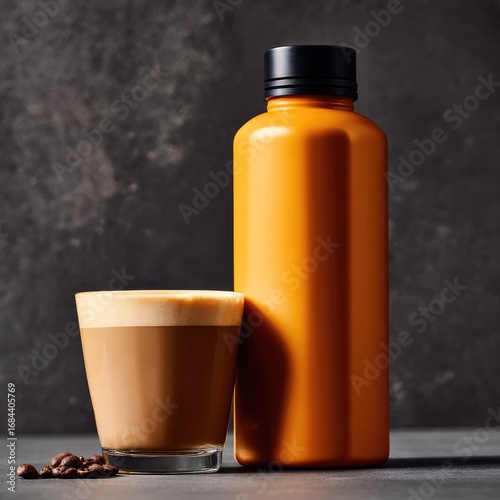 Orange bottle and coffee drink on dark background