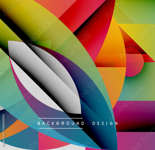 Abstract colorful shapes overlap, creating dynamic visual effect. Bright gradients, smooth transitions define modern design.