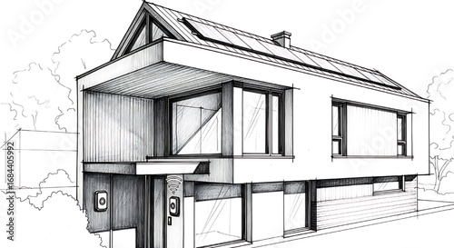 Dynamic architectural drawing of a modern, angular house with a unique, soaring roofline and raised foundation.