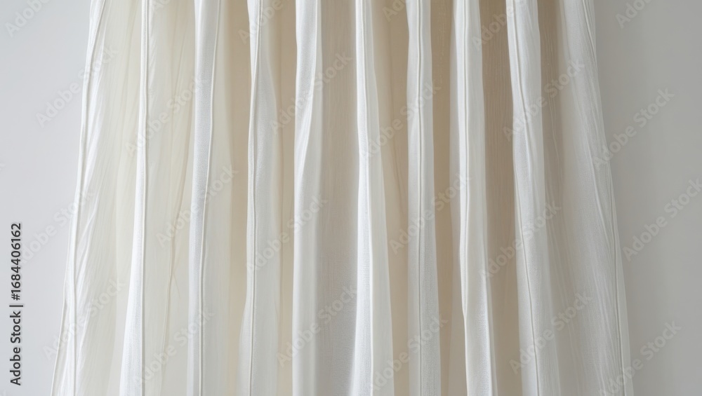 Obraz premium A soft, pleated, cream-colored fabric drapes elegantly in vertical folds against a neutral background.