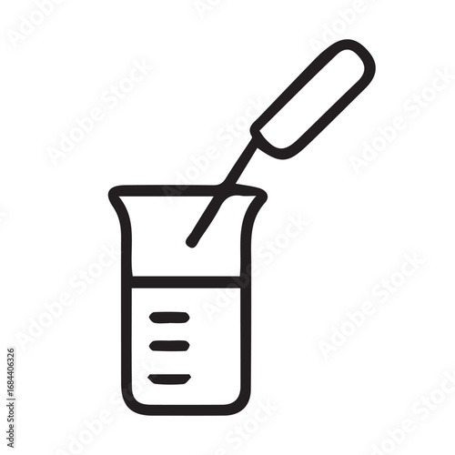Vector illustration of liquid dropping into a test tube, designed in black and white with bold black outlines, perfect for laboratory icons and graphics.