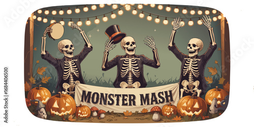 Festive Skeleton Band Performing at Monster Mash Halloween Party with Pumpkins, Autumn Leaves, and String Lights – Vintage Cartoon Style Illustration