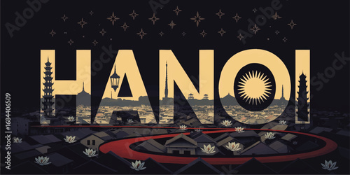 Hanoi Cityscape Illustration with Pagodas, Rooftops, Lotus Flowers and Night Sky – Modern Vietnam Travel Art Poster Design