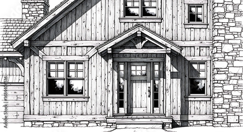 Close-up architectural sketch focusing on the detailed front entrance and porch of a classic craftsman-style house.