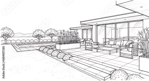 Wide-angle perspective drawing of a modern outdoor poolside area, showcasing landscape design and architectural integration.