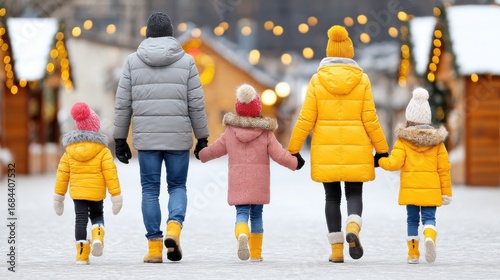 Happy Family Walking Hand in Hand at Festive Winter Market in Snow