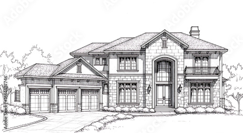 Architectural illustration of a large, luxurious Mediterranean-style villa with an arched entryway and a tiled roof.
