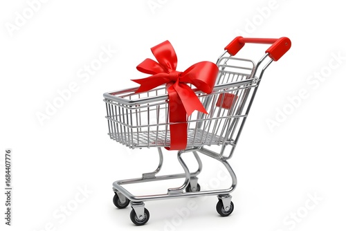 Studio shot of a full shopping cart tied with a red ribbon bow isolated on white background. 3d rendering.