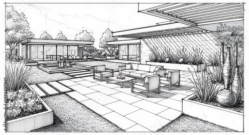 Detailed perspective sketch of a modern backyard patio and landscape design, featuring hardscaping, seating, and plants.