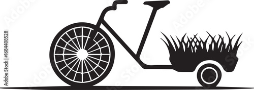 Silhouette of a bicycle with a large front wheel connected to a small trailer carrying grass.