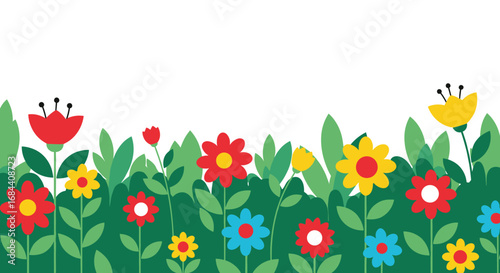 Vibrant cartoon flowers and lush green leaves creating a cheerful spring garden scene