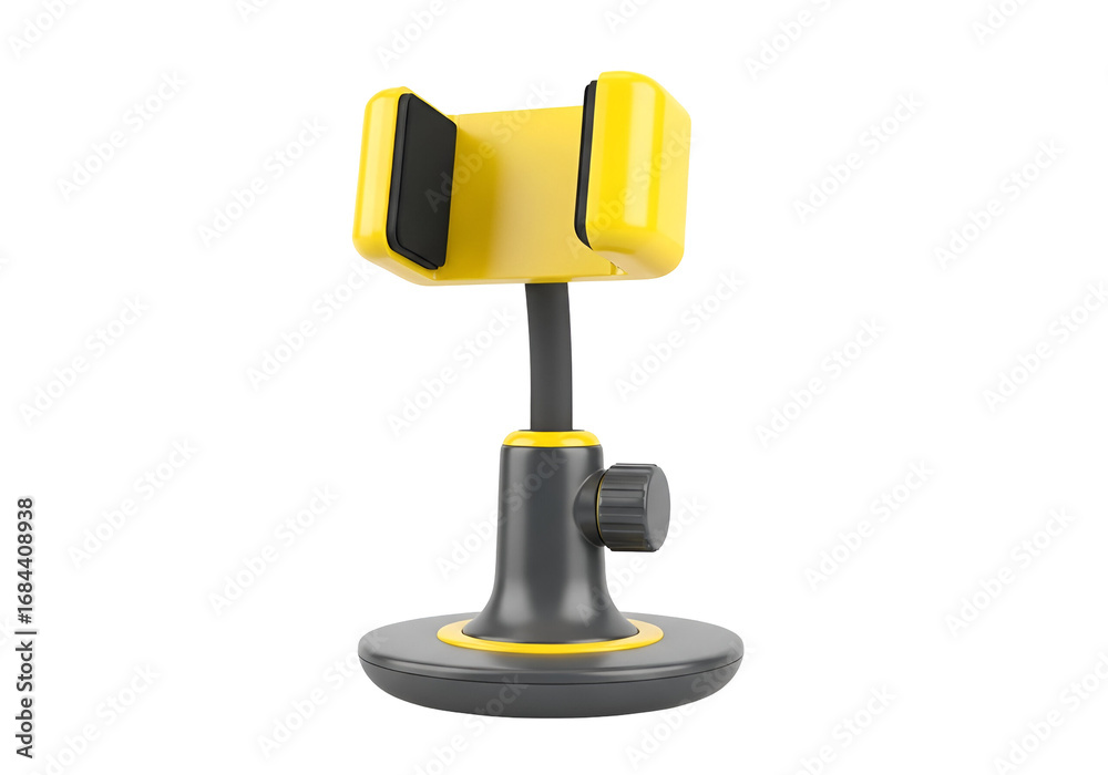 Fototapeta premium A bright yellow smartphone holder with a dark gray base stands out against a black background.