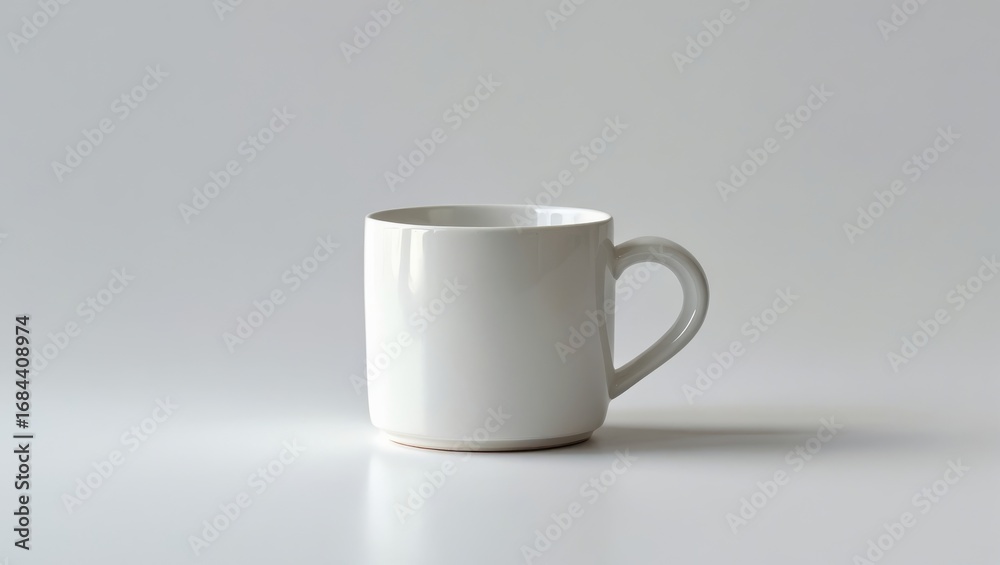 Fototapeta premium A simple, clean white mug sits on a plain white surface, highlighting its smooth, unadorned design.