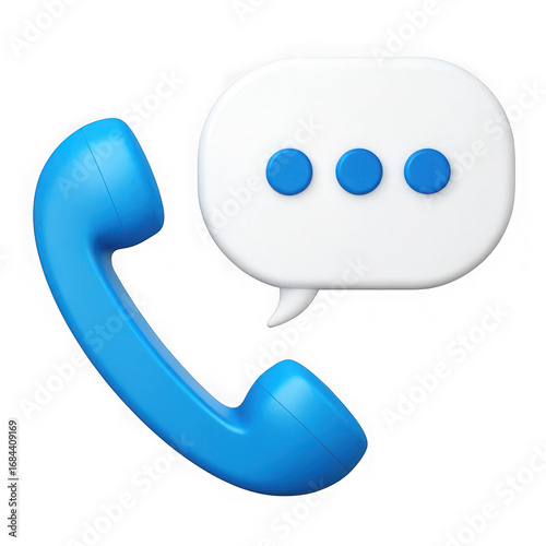 Bright blue 3d telephone handset with speech bubble and ellipsis for communication and messaging concepts transparent background