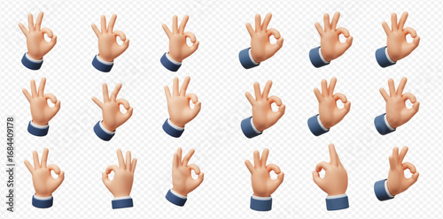 Collection of 3D rendered hands forming the "OK" sign, showing various angles and perspectives.