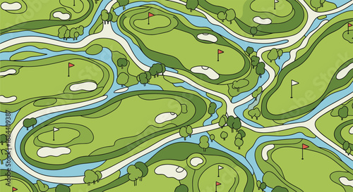 Stylized golf course layout with vibrant green fairways, water features, and playful design