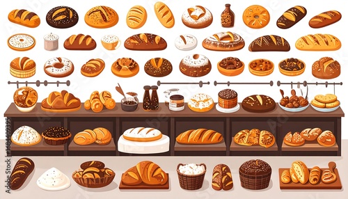 Bakery display with various breads and pastries