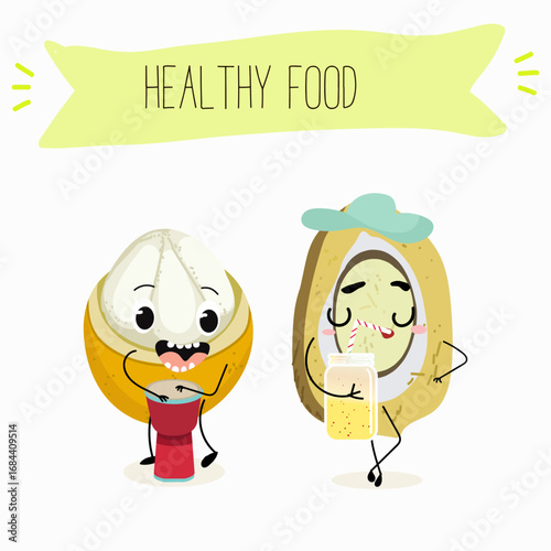 Platonia insignis, bacuri, funny characters, hand drawn vector illustration.