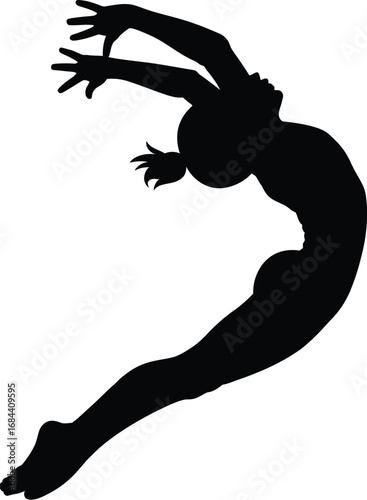 Black silhouette of gymnast in mid-air white jumping