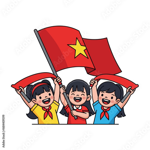 Animated depiction of youthful Vietnamese girls joyfully waving national flags with heartfelt