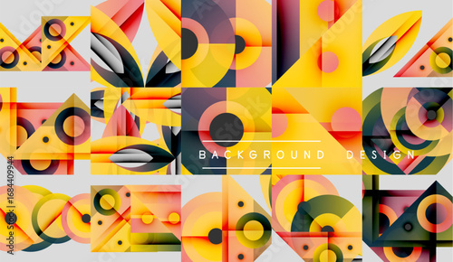 Geometric patterns, vibrant colors, modern design. Squares, circles, triangles create abstract composition. Background suitable for various projects.