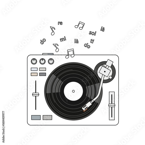 Vinyl rhythm: Conceptual illustration of a turntable playing music with floating notes