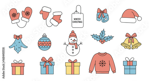 Festive winter Christmas elements and gifts ready for seasonal holiday greetings and designs