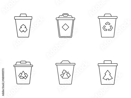 Collection of Recycle Bin Icons in Line Art Style Depicting Waste Management and Environmental Consciousness