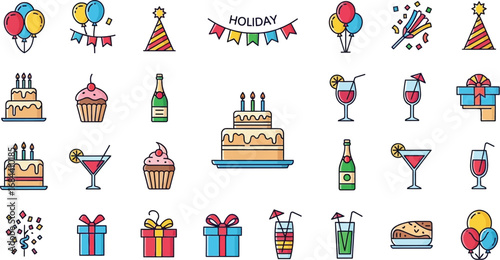 Colorful holiday celebration icons on white background