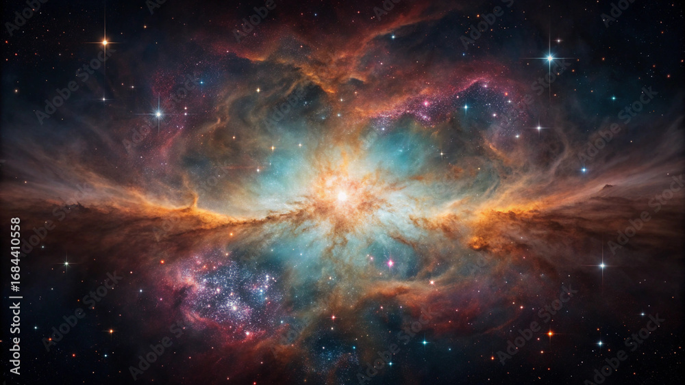 Obraz premium Colorful Nebula with Bright Center and Star Clusters in Deep Space galaxy stars