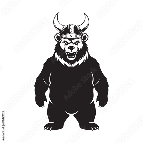 Vector art of a formidable bear wearing a horned viking helmet,showcasing a blend of wild strength and ancient warrior spirit