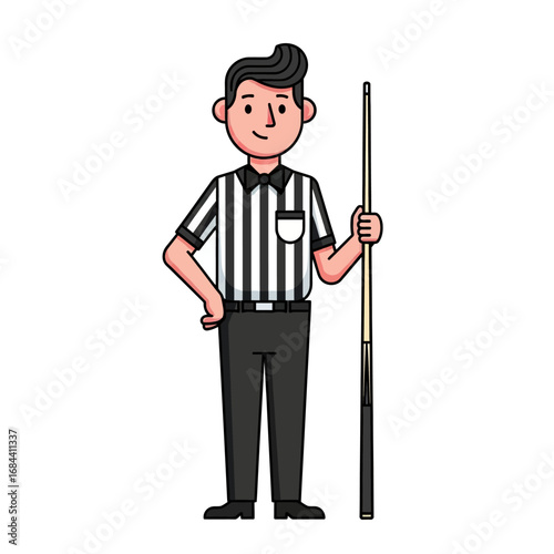 Cartoon billiard referee in striped shirt holding cue posing with relaxed posture and smile