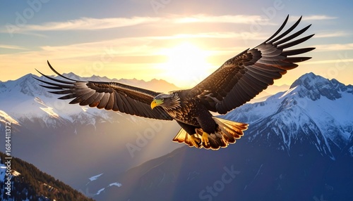A golden eagle soaring above snow-capped mountains during sunrise, wings spread wide.