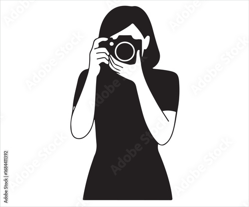 Vector silhouette of female photographer holding camera taking photo