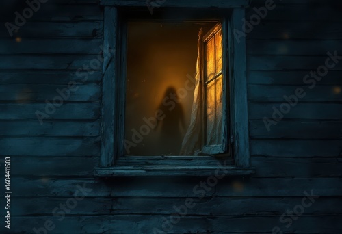 A shadowy figure is seen through an open window at night, casting a spooky ambiance on the aged wooden structure.