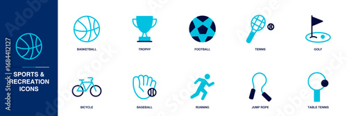 Sports and Recreation Blue Colored Outline Icon Set